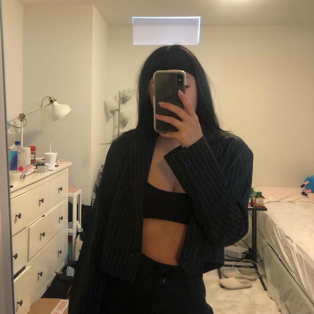 Motel cropped padded shoulder pinstripes blazer